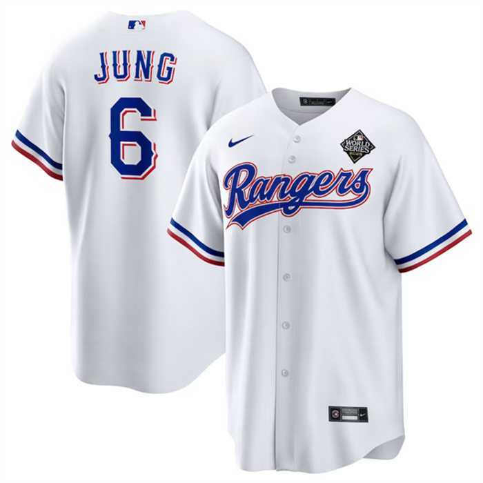 Mens Texas Rangers #6 Josh Jung 2023 White World Series Stitched Baseball Jersey Dzhi